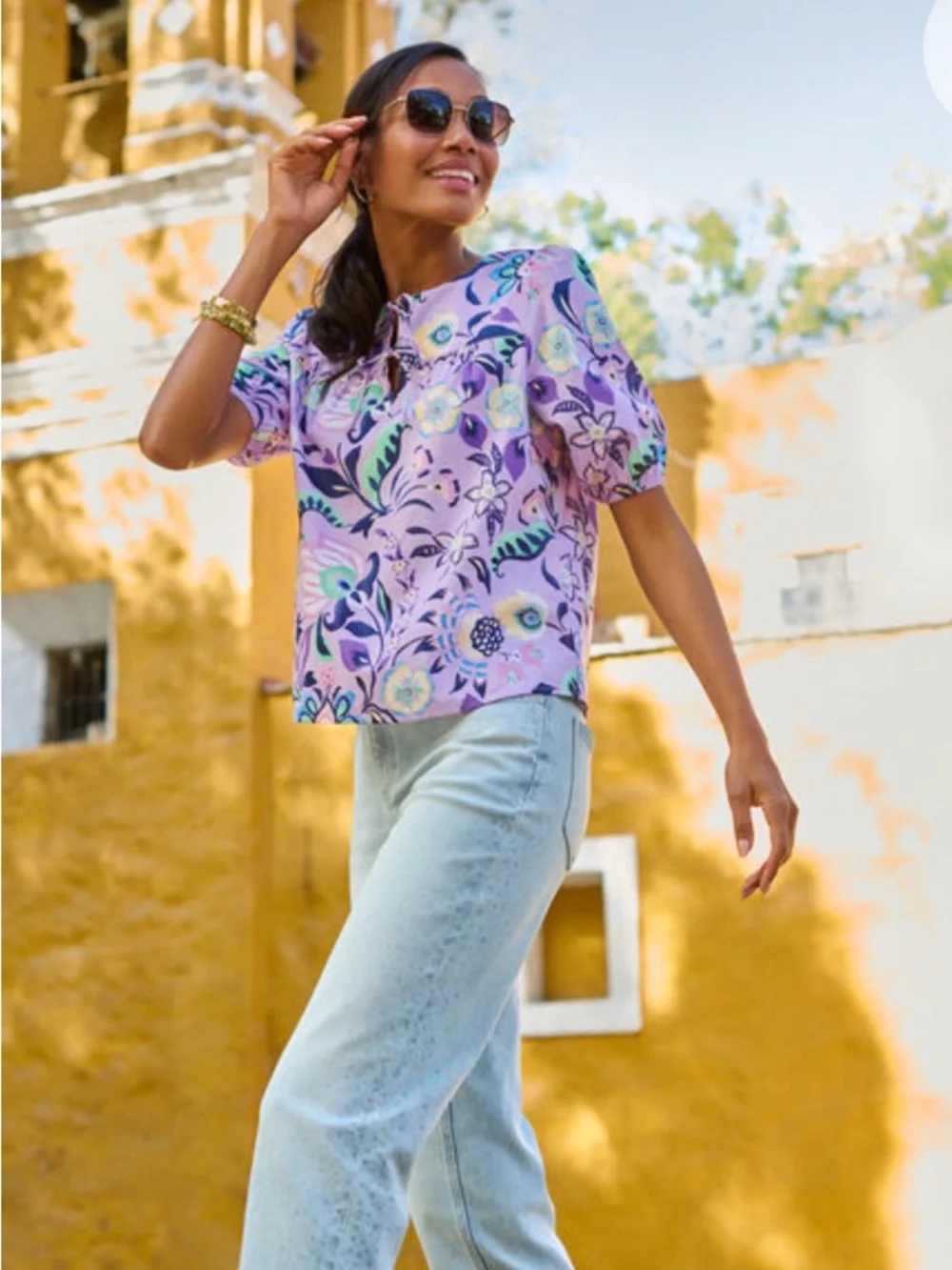 NWT, Talbots Cotton Short Sleeve Tie Front Top, Lavender Jacobean Floral, Size L - Picture 3 of 13